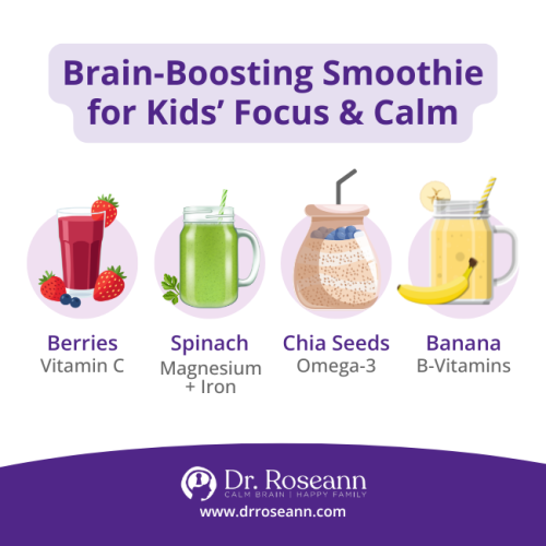 A visual guide for a brain-boosting smoothie recipe for kids, showing four key ingredients with essential nutrients: berries (Vitamin C), spinach (Magnesium + Iron), chia seeds (Omega-3), and banana (B-Vitamins).