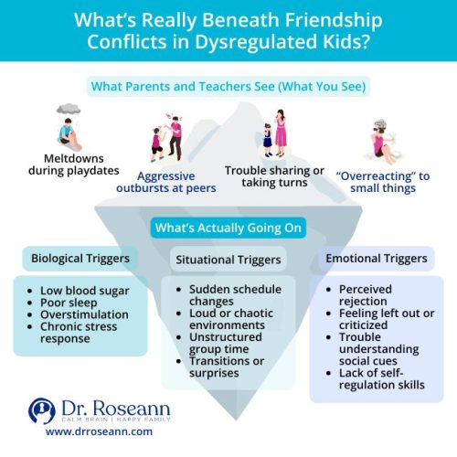 Infographic explaining the biological, situational, and emotional triggers behind friendship challenges and conflicts in dysregulated children.