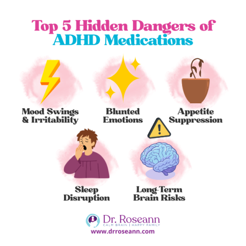 Infographic showing hidden dangers of ADHD medications including mood swings, blunted emotions, appetite suppression, sleep disruption, and long-term brain risks.