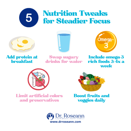 Holistic Therapy for ADHD | Nutrition Tweaks for Focus Nutrition tips supporting holistic therapy for ADHD including protein, omega-3, water, fruits, and veggies
