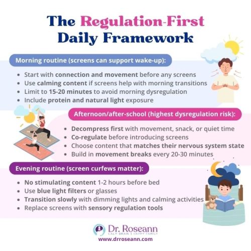 A daily framework for managing screen time, outlining routines for morning, afternoon, and evening to help determine how much screen time is safe for kids.