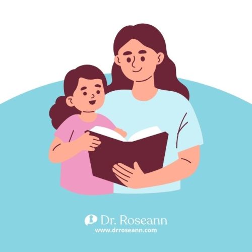 A mother and child reading a book together, suggesting alternative activities to consider when thinking about how much screen time is safe for children.