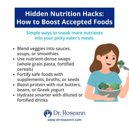 Psychology of Picky Eaters: Nutrition Hacks Infographic titled Hidden Nutrition Hacks: How to Boost Accepted Foods. Tips for picky eaters include blending veggies into sauces or smoothies, using nutrient-dense swaps like whole grain pasta, fortifying safe foods with supplements, boosting protein with nut butters or Greek yogurt, and hydrating with diluted or fortified drinks. Illustration of a smiling child holding a bowl of salad.