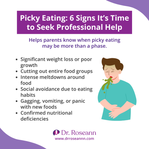 Psychology of Picky Eaters: When to Seek Help Infographic showing 6 warning signs from the psychology of picky eaters, including weight loss, food group restriction, meltdowns, social avoidance, gagging, and nutritional deficiencies.