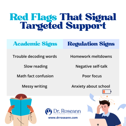 Infographic listing red flags signaling a need for targeted support and interventions for learning disabilities, divided into Academic Signs (slow reading, math confusion) and Regulation Signs (homework meltdowns, poor focus, anxiety about school).