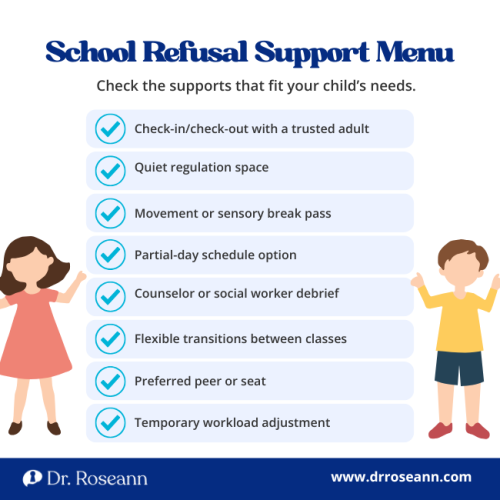 An infographic presenting a "School Refusal Support Menu" with eight strategies like check-ins, quiet spaces, and flexible transitions, offering practical help when a child refuses to go to school.