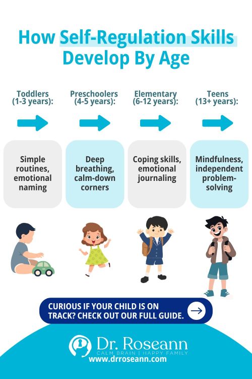 Infographic showing how self-regulation skills develop in toddlers, preschoolers, elementary kids, and teens.
