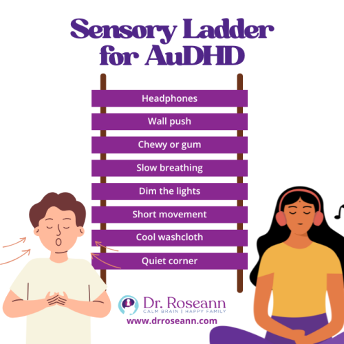 Infographic presenting a "Sensory Ladder for AuDHD" with 8 AuDHD coping strategies such as using headphones, wall pushes, slow breathing, dimming lights, and finding a quiet corner.