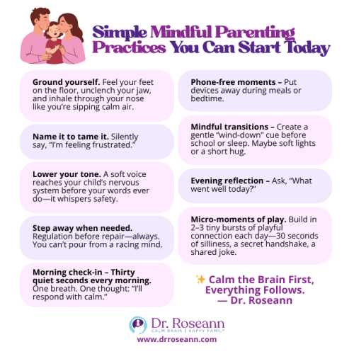 Infographic listing 8 simple Mindful Parenting practices, including grounding yourself, using phone-free moments, mindful transitions, lowering your voice, and taking short steps away when needed.