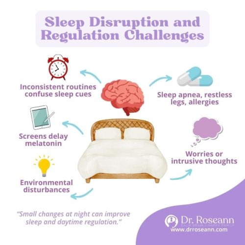 Sleep Disruption and Regulation Challenges An illustration showing how various factors such as inconsistent routines, screens, environmental disturbances, sleep apnea, allergies, and worries can cause sleep disruption and regulation challenges.