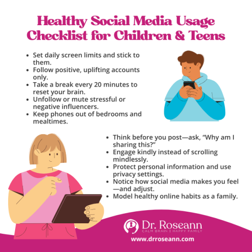 Checklist infographic for promoting Healthy Media Usage in children and teens, including setting screen limits, following positive accounts, keeping phones out of bedrooms, and engaging kindly online.