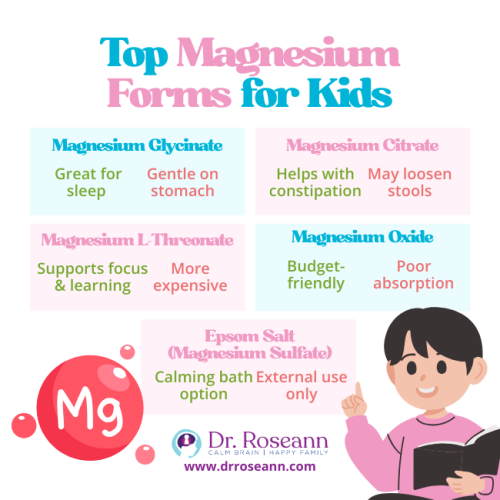An infographic comparing five forms of magnesium (Glycinate, Citrate, L-Threonate, Oxide, Epsom Salt), highlighting benefits like sleep and focus, which are often sought when using magnesium and autism support strategies.
