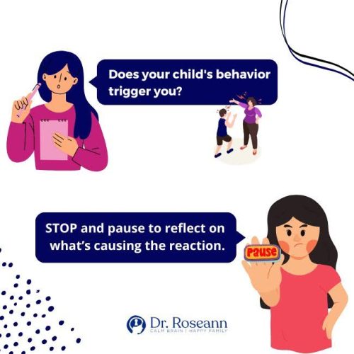 Parenting Tip: How to Respond When Your Child’s Behavior Triggers You Infographic reminding parents to pause and reflect when triggered by their child’s behavior, encouraging mindful parenting and emotional self-awareness for better parent-child relationships