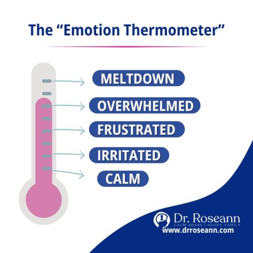 _what-is-cognitive-reappraisal-emotion-visual-metaphor-emotion-thermometer Dr. Roseann Illustration of an “Emotion Thermometer” by Dr. Roseann, showing five levels of emotional regulation—from calm to meltdown. The thermometer graphic transitions from calm at the bottom, to irritated, frustrated, overwhelmed, and finally meltdown at the top, representing increasing emotional intensity. Designed to visually support cognitive reappraisal strategies in mental health and emotional self-regulation.
